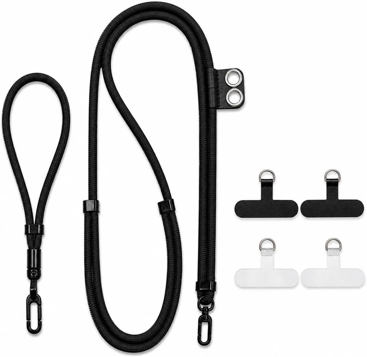 Two adjustable nylon straps, one long crossbody lanyard and one short wrist loop, with four tether tabs attached