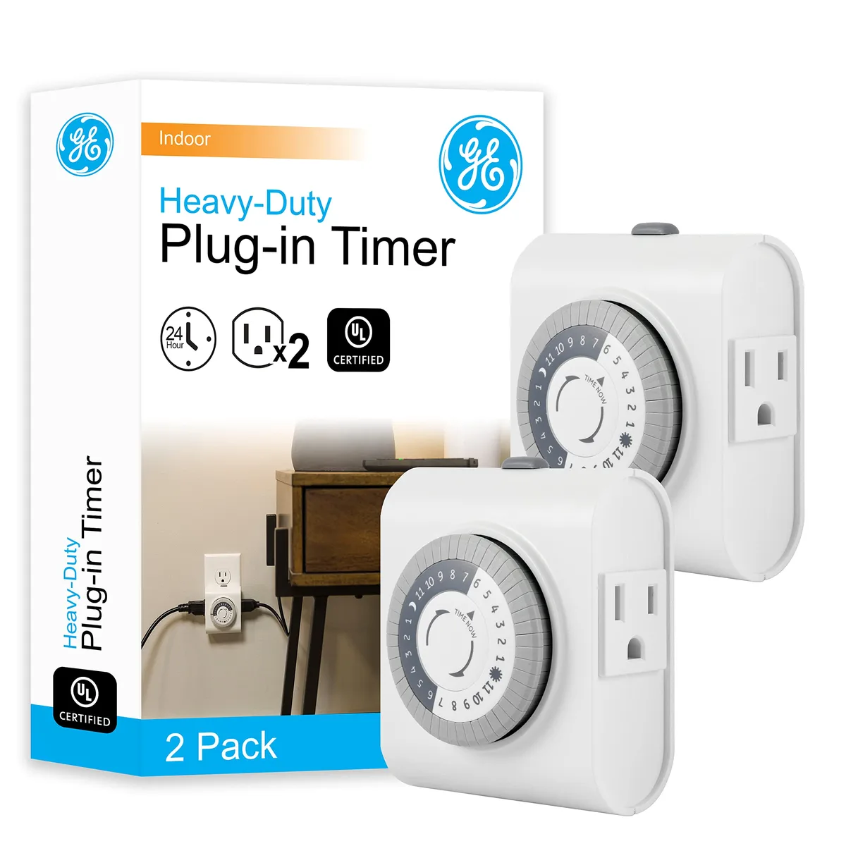 White plug-in mechanical timer with two grounded outlets and pushpin dial