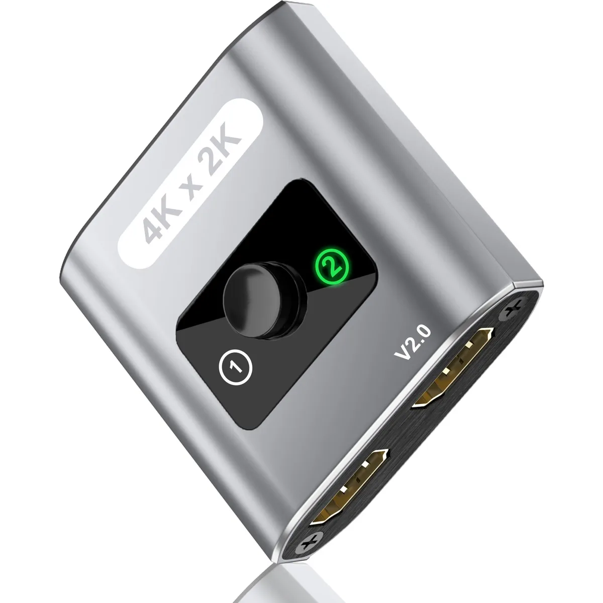 Gray aluminium HDMI bi-directional switch, compact rectangular box with three ports