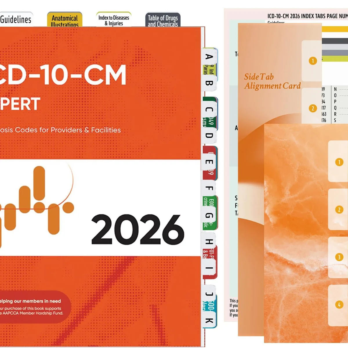 Orange laminated index tabs on three sheets with alignment card for ICD-10-CM 2026 codebook