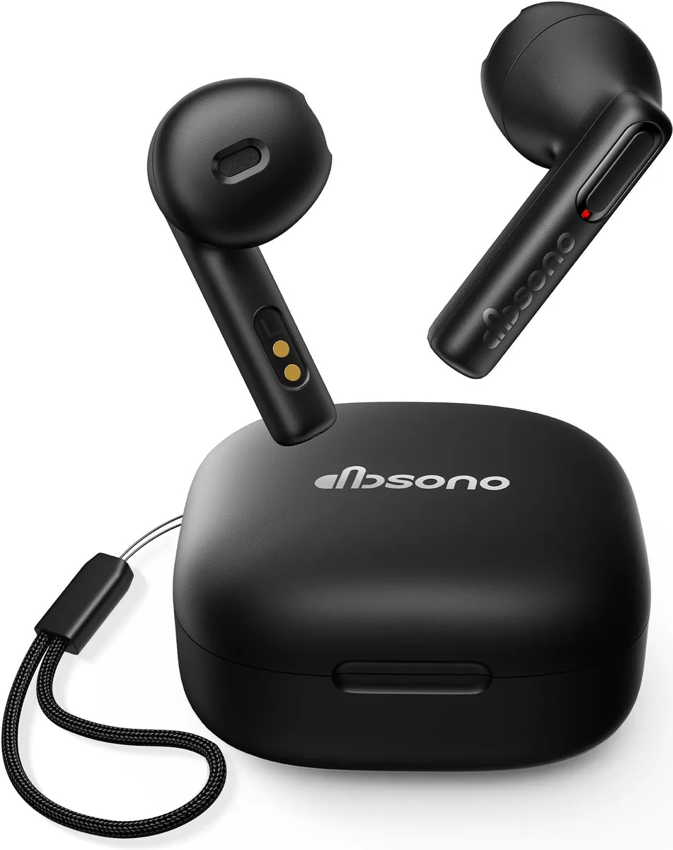 Black true wireless earbuds in charging case, ultra-lightweight semi-in-ear design