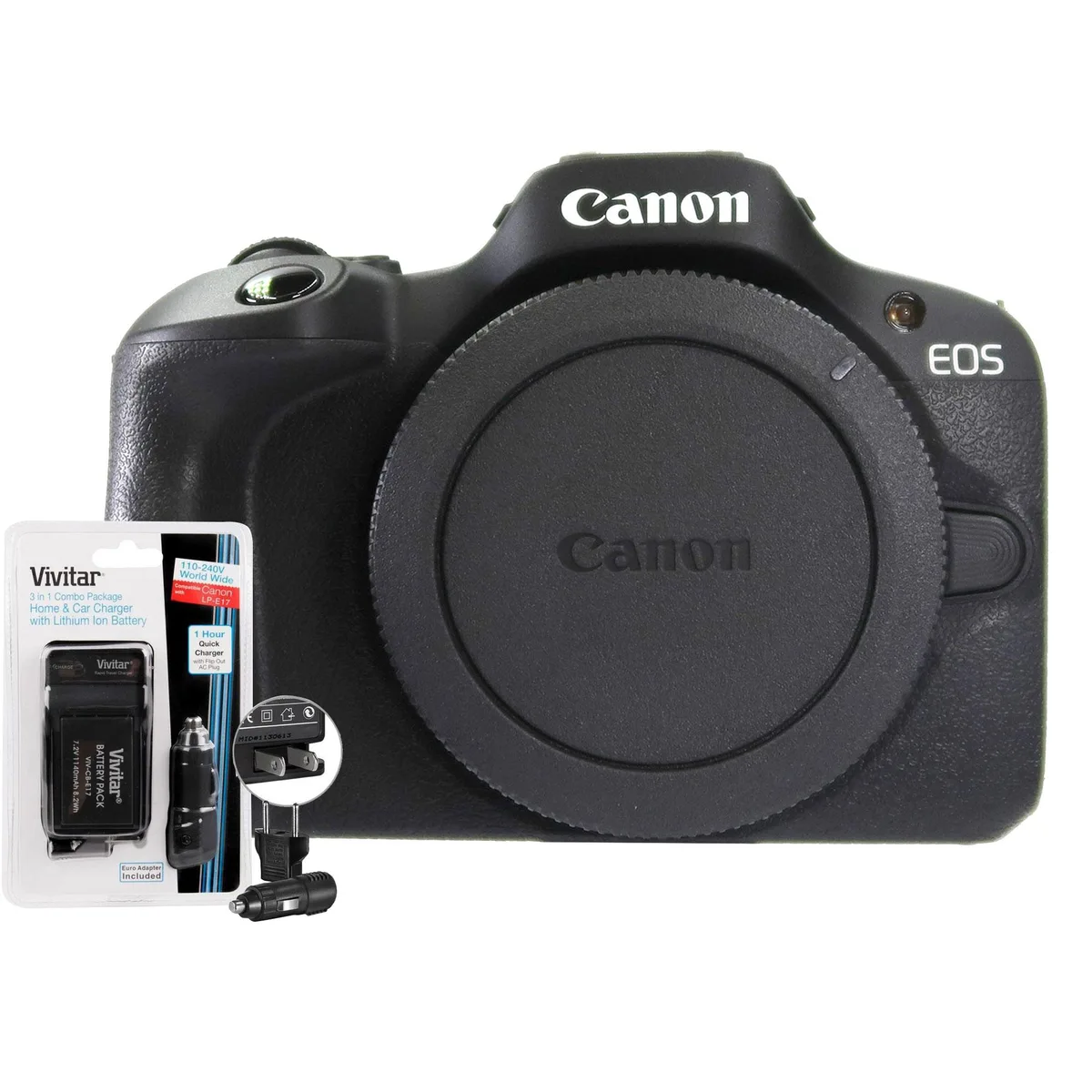 Canon Canon EOS R100 24.1MP compact mirrorless camera body black with Vivitar CB E17 battery and charger — product photo