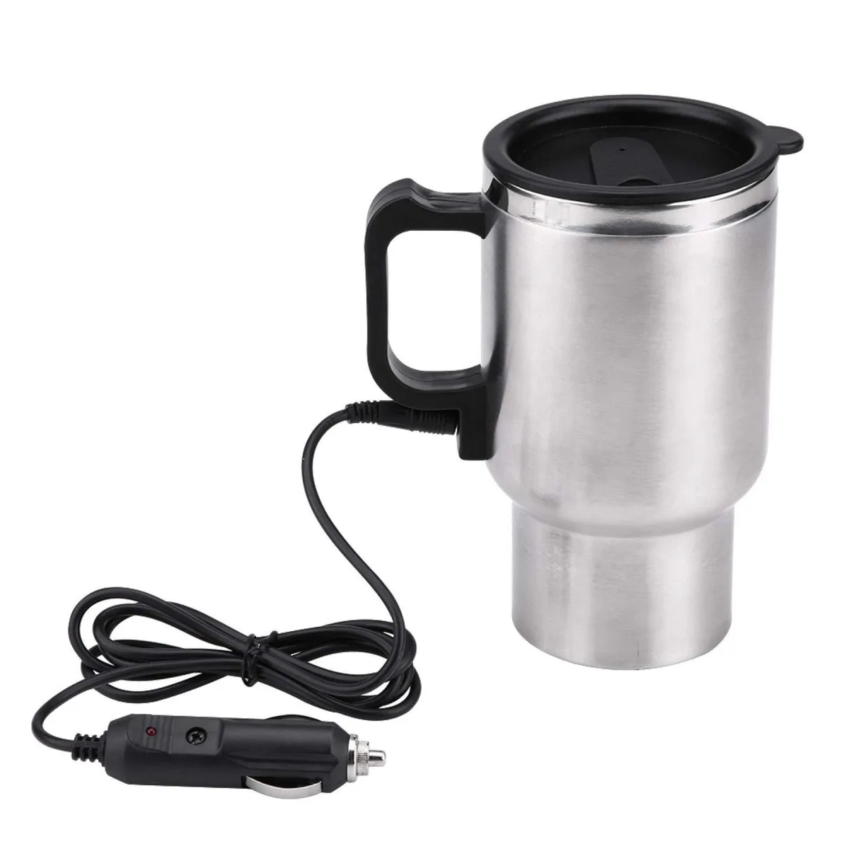 White 12 V stainless steel travel mug with silicone lid, 450 ml capacity, fits car cup holder