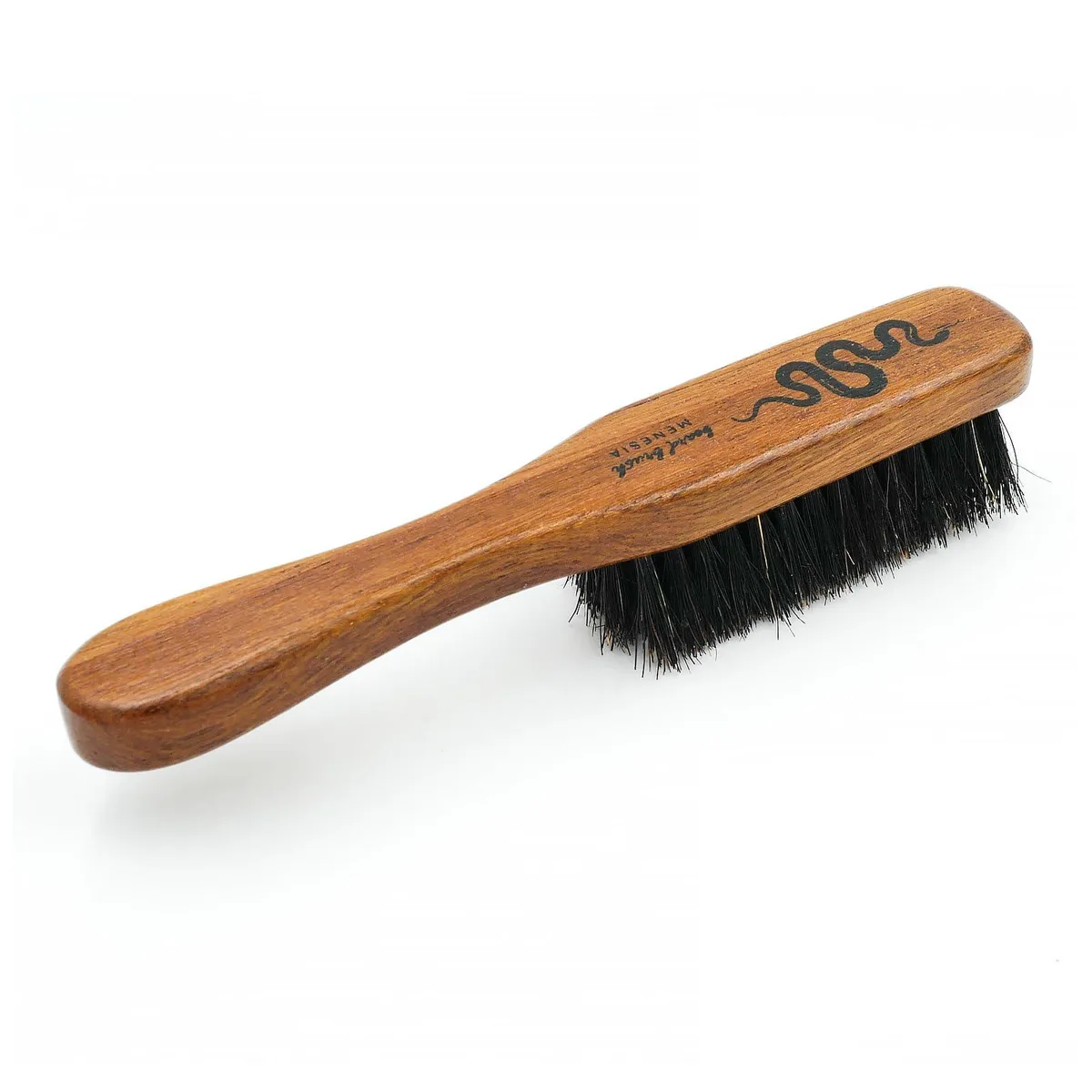 Small wooden-handled beard brush with boar bristles, compact size
