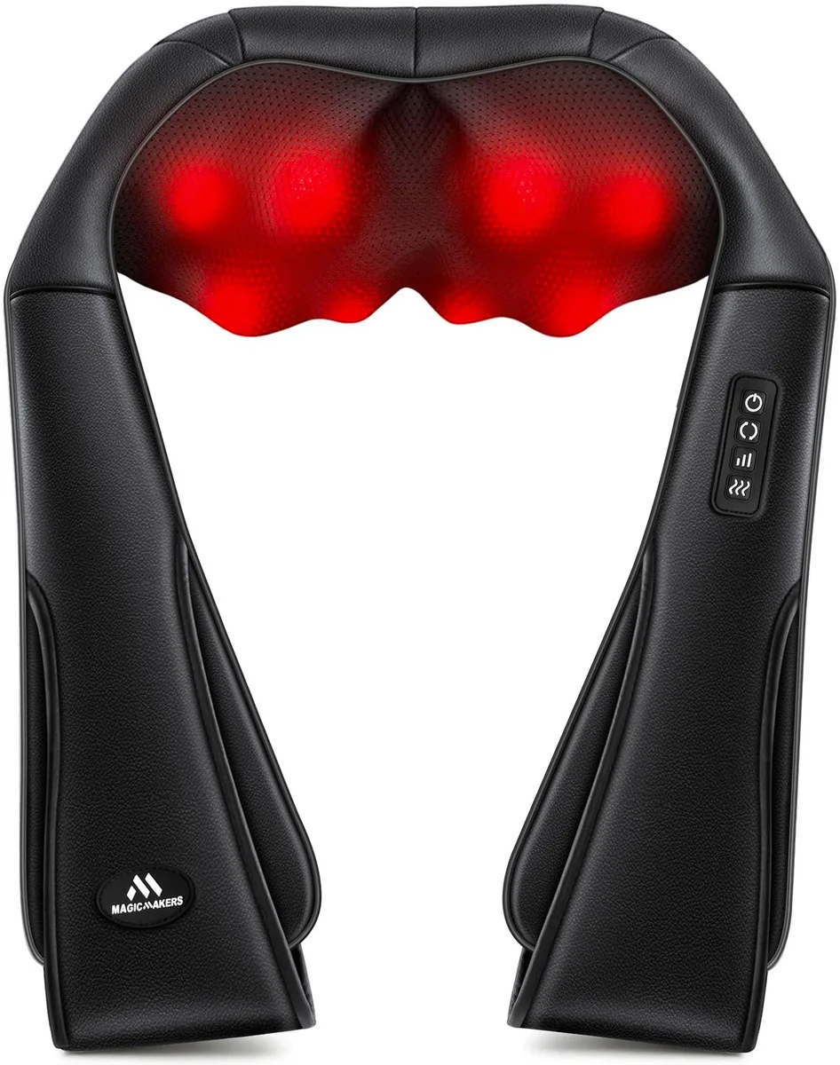 Blue U-shaped electric neck massager with mesh and leather finish