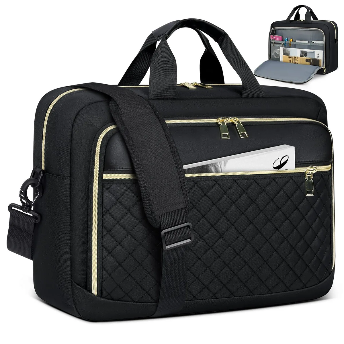 Black rectangular laptop briefcase with top handles and adjustable shoulder strap, polyester fabric, metal zippers