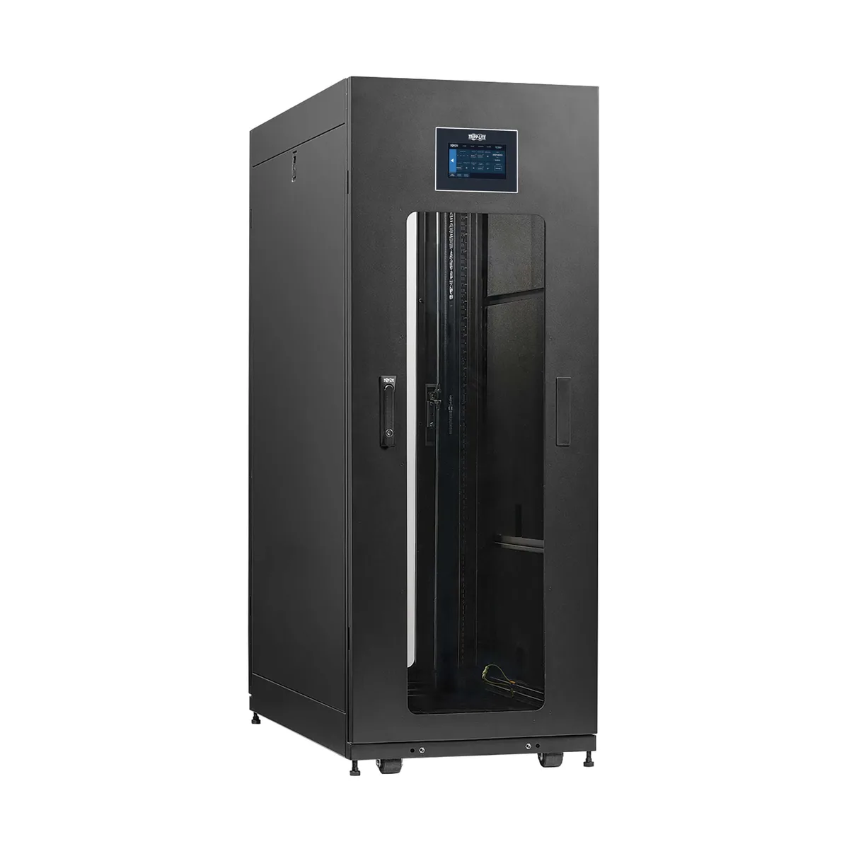 Black steel 25U server rack enclosure with two Plexiglas-window doors and locking side panels