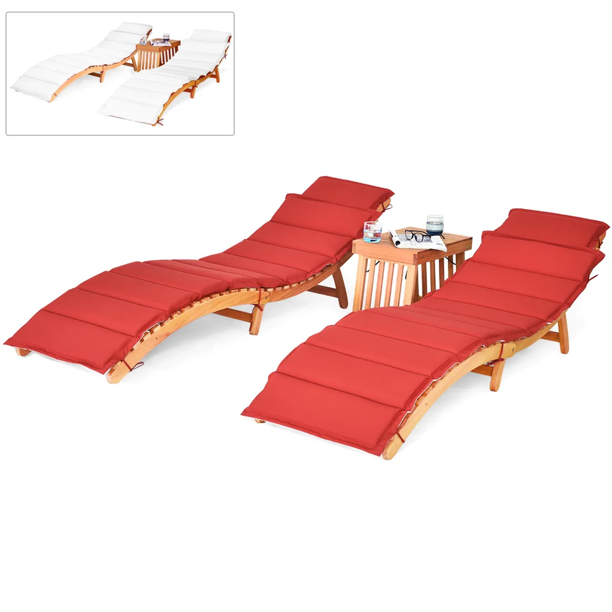 Three wooden folding lounge chairs with cushions and side table, natural eucalyptus finish