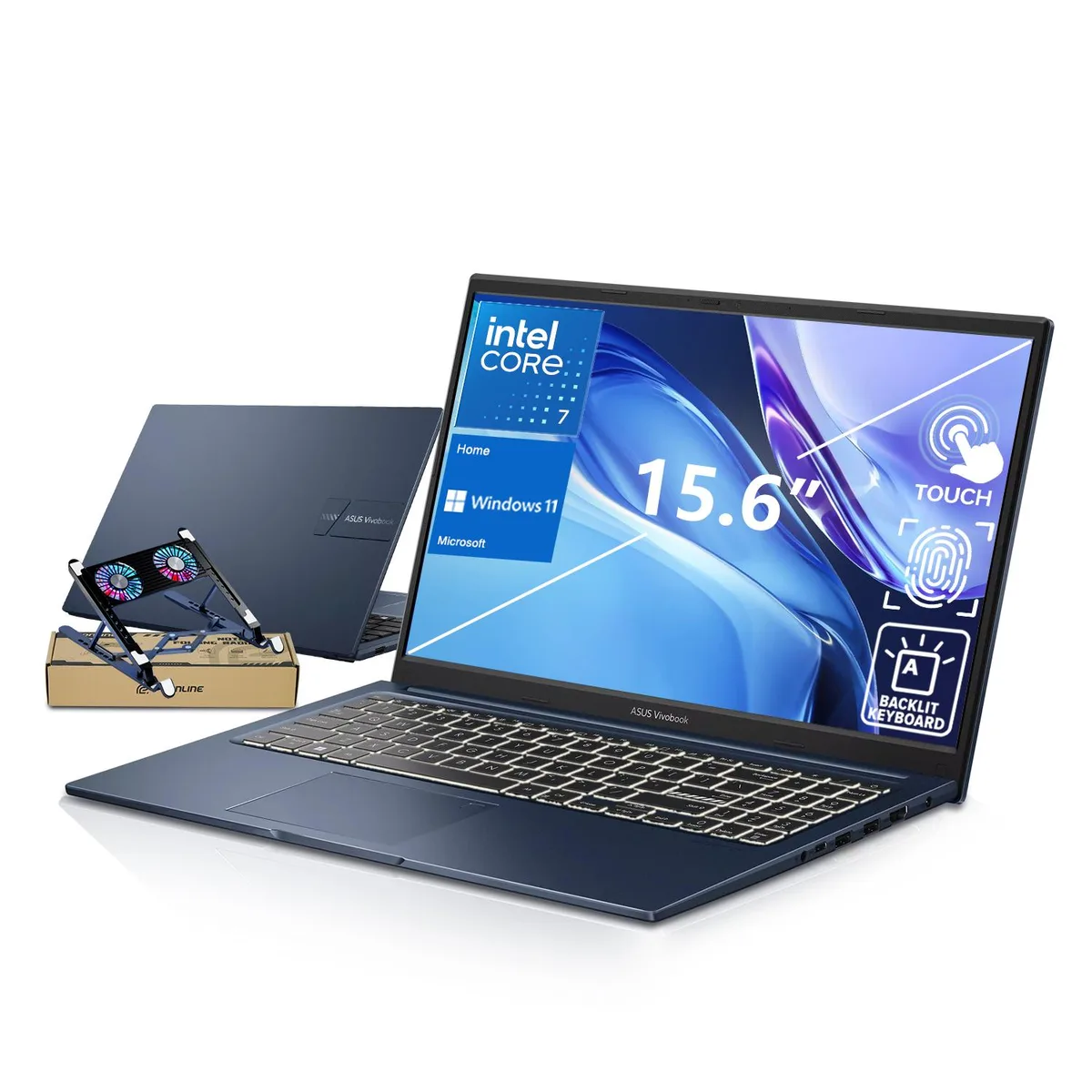 ASUS ASUS Vivobook 15 laptop, Core 7 150U, 16GB DDR5, 512GB SSD, 15.6" FHD touchscreen, Blue, PCO cooler — product photo