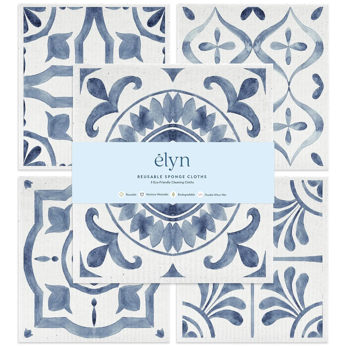 Five rectangular sponge cloths with assorted Moroccan patterns, laid flat