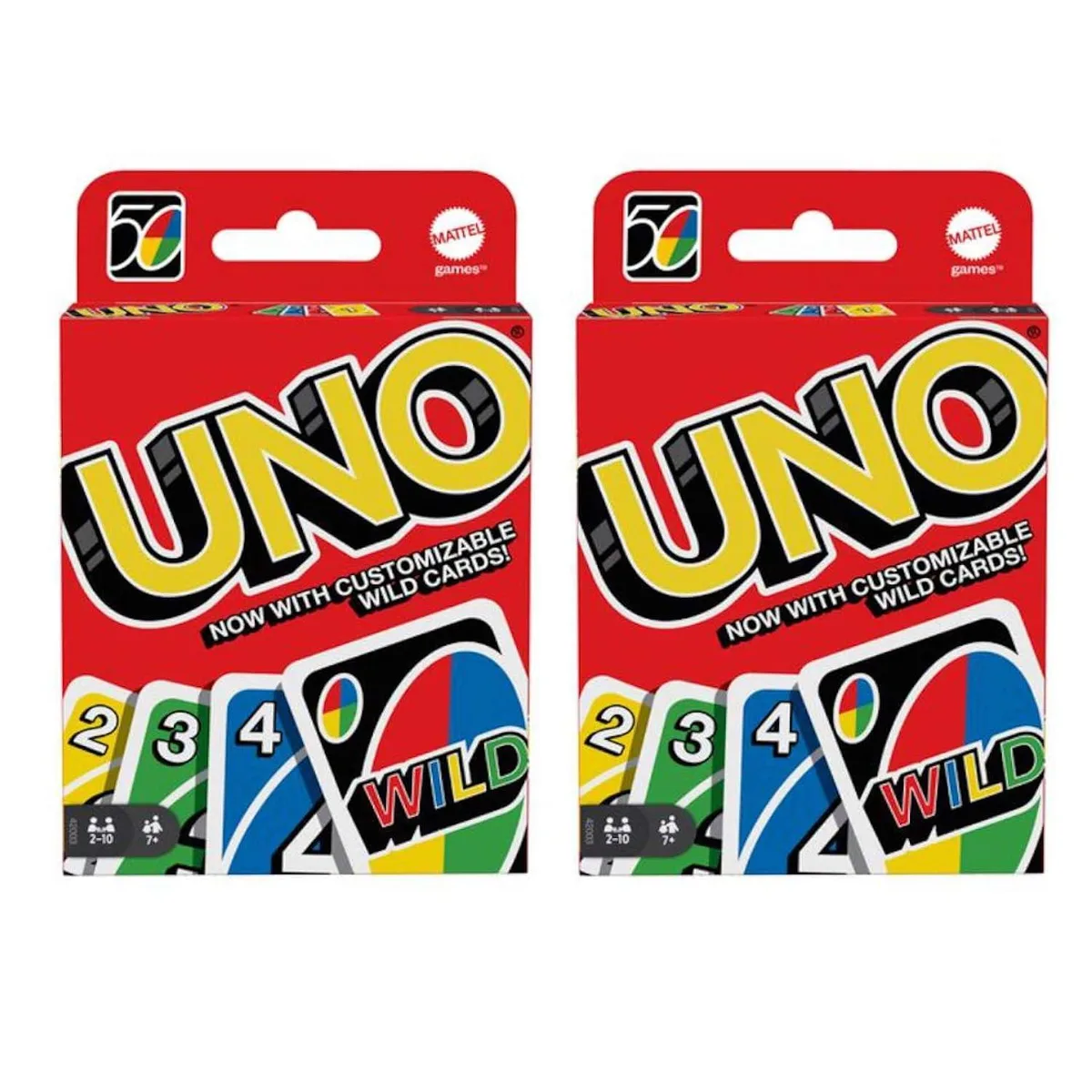 Two red rectangular Uno card boxes side by side