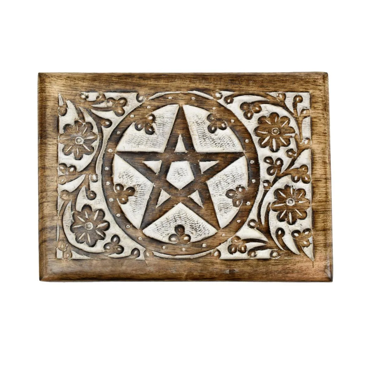 Wooden keepsake box with engraved pentagram and floral lid