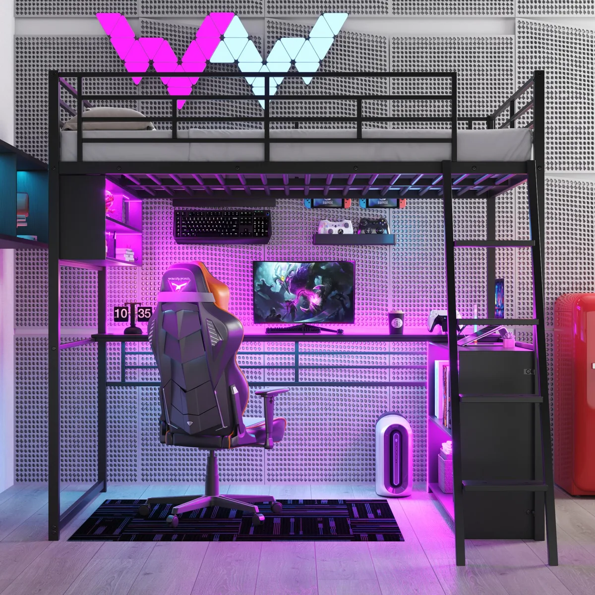tuphen tuphen Full Size Metal Loft Bed with LED, Desk &amp; 4 Storage Shelves, Black — product photo
