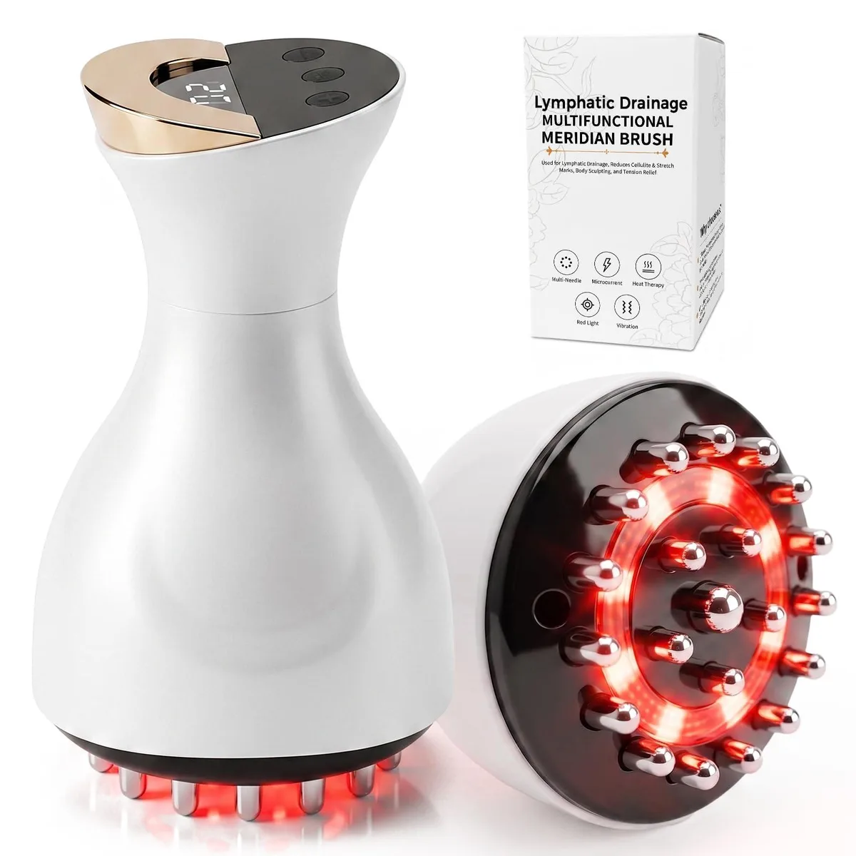 White handheld massager with textured grip and rounded head, compact oval shape, smooth matte finish