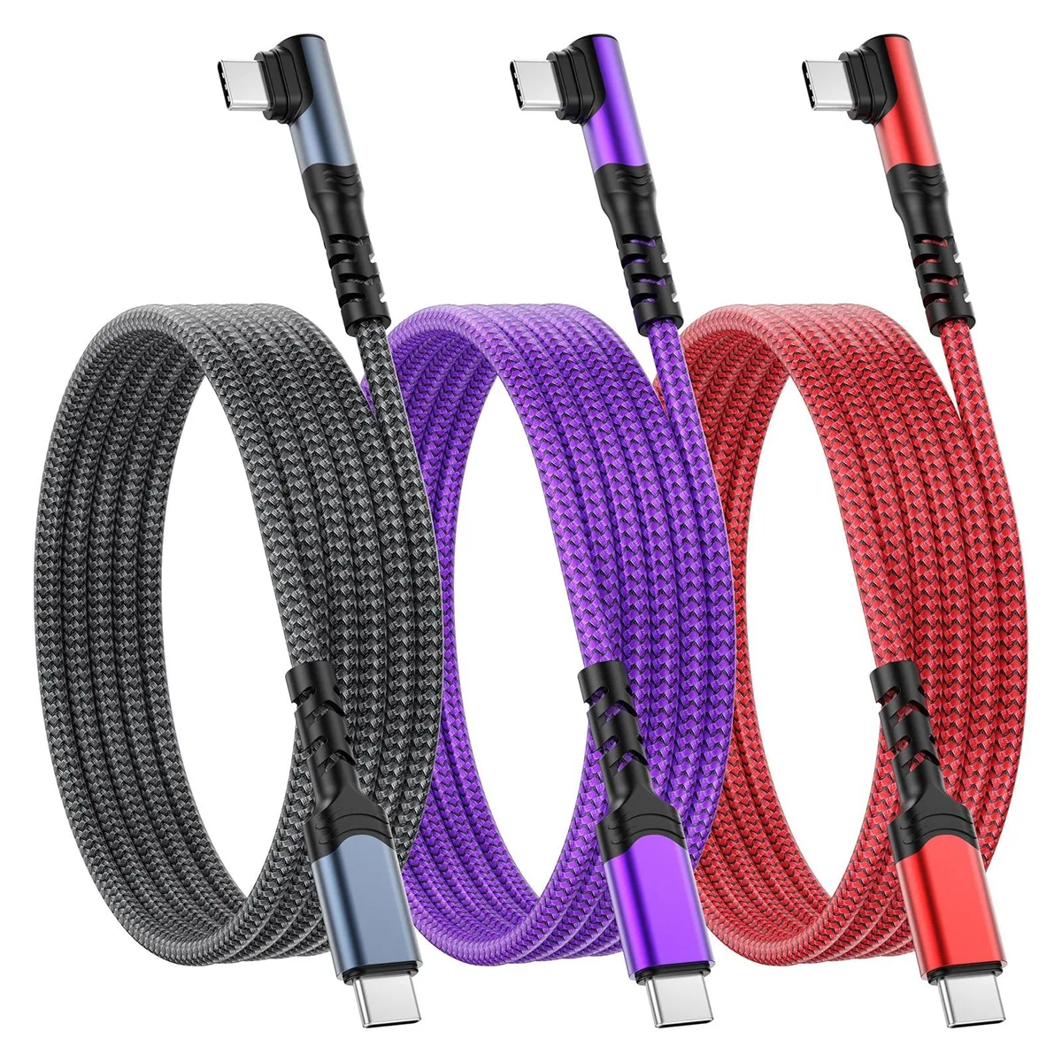 Three black USB-C to USB-C cables with right-angle connectors, coiled together