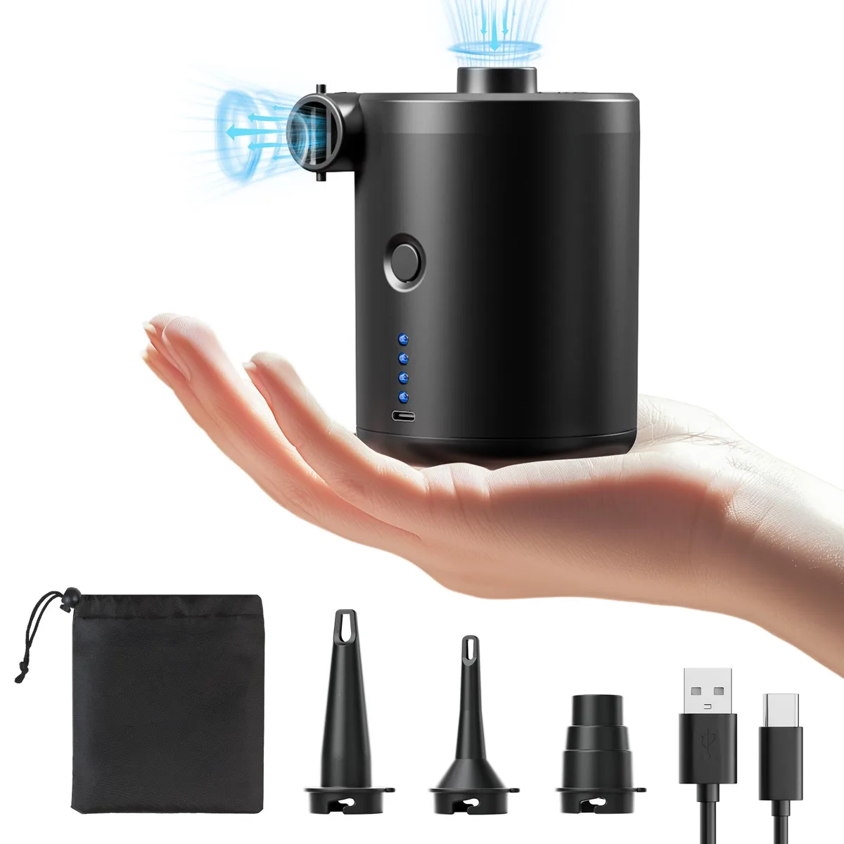 Black handheld electric air pump with three nozzles and Type-C port