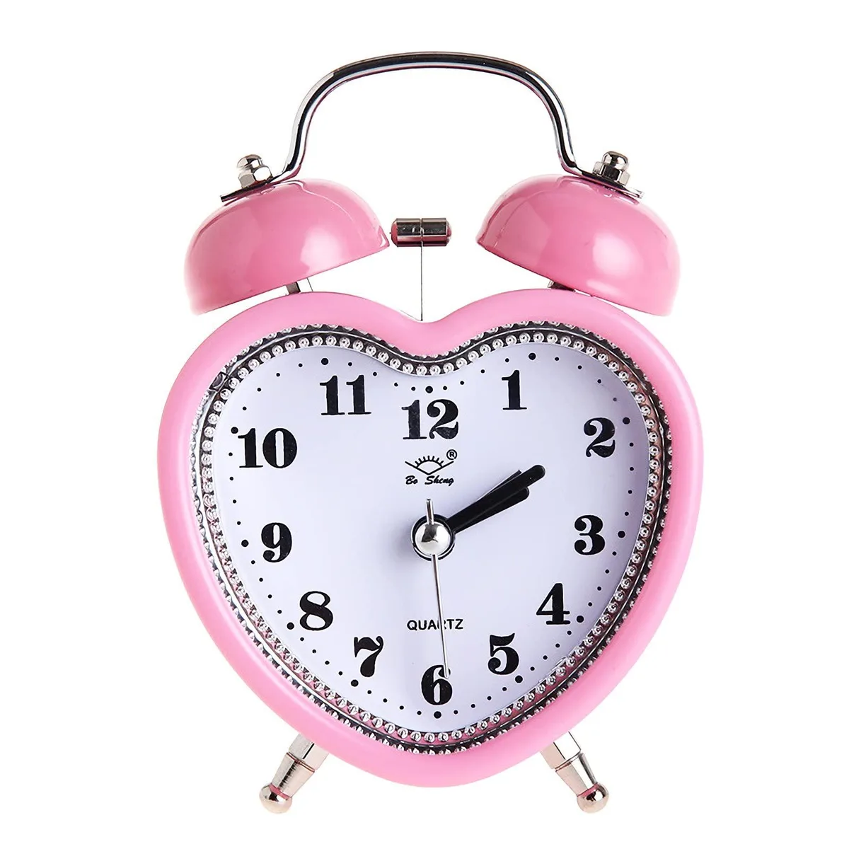 Pink twin-bell alarm clock, 3.3 in wide, metal bells and handle, plastic frame, analog face