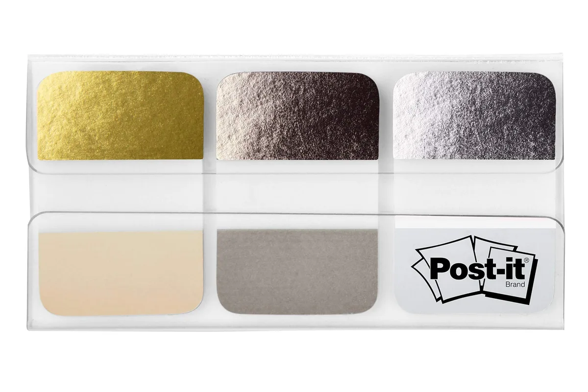 Pack of 60 small metallic tabs in muted gold silver black on white backing card