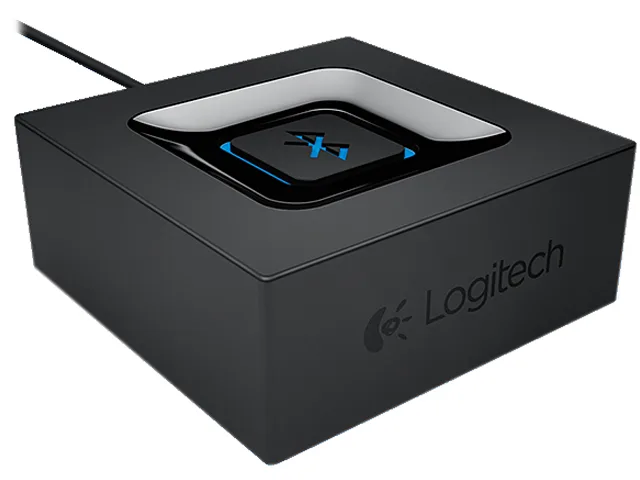 Small black square Bluetooth audio receiver with pairing button and 3.5 mm jack