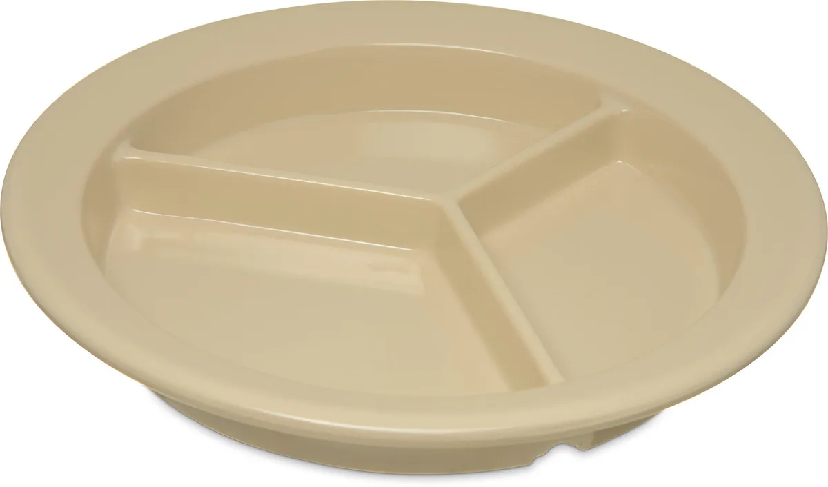 White rectangular melamine plate with tan rim and three compartments
