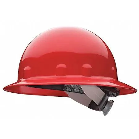 Red full-brim hard hat with white ratchet suspension visible inside
