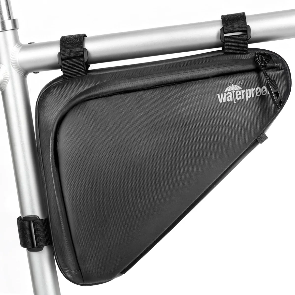 Black triangular bike frame bag, nylon with zipper and Velcro straps