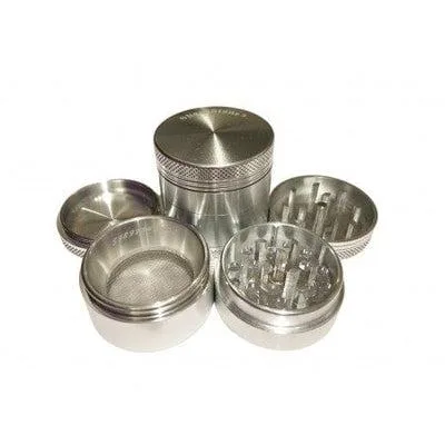 Small silver four-piece shredder with hard top, 1.5 inch diameter