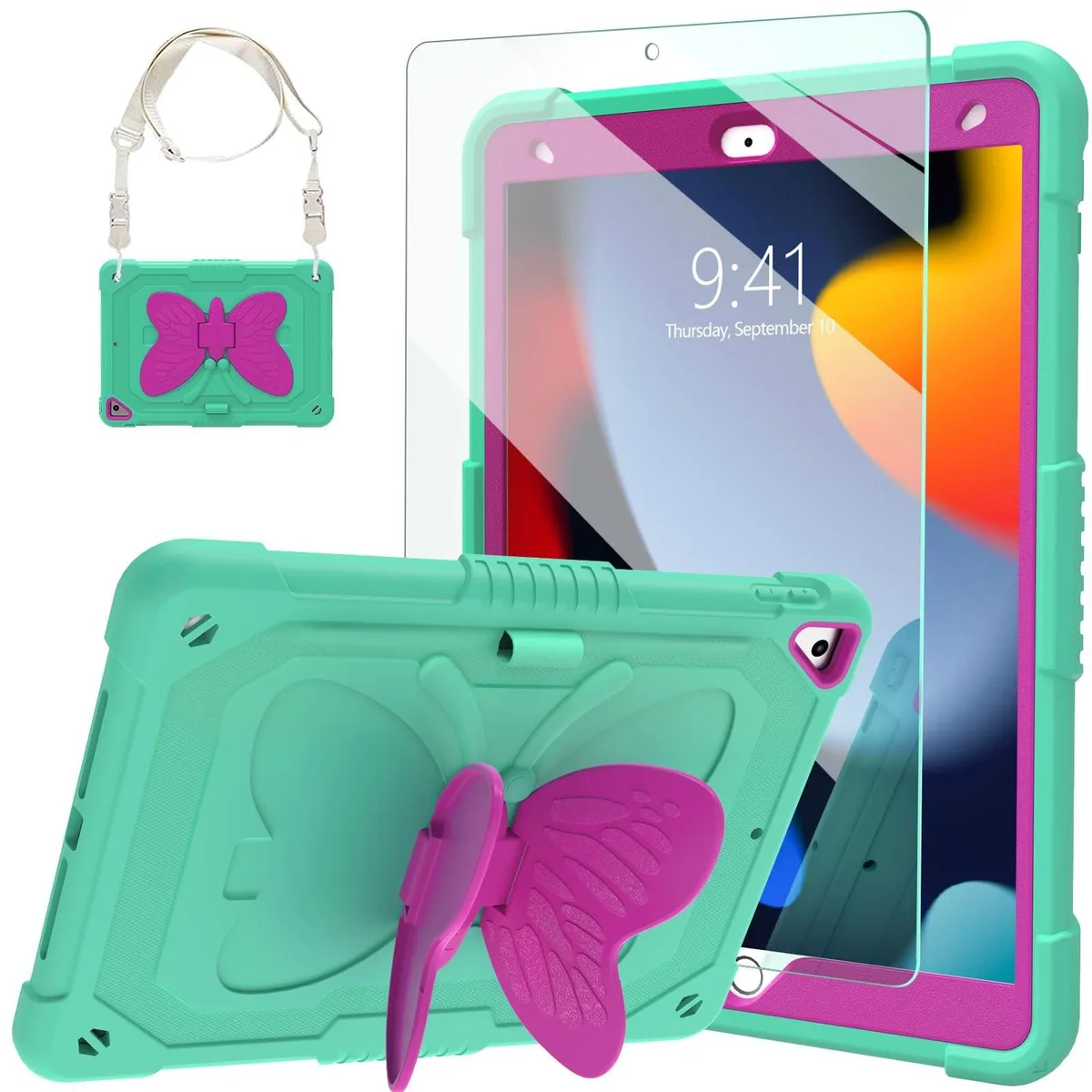 BoYata BoYata iPad 10.2 inch Case with Glass Protector Butterfly Stand Shoulder Strap Mint Green — product photo