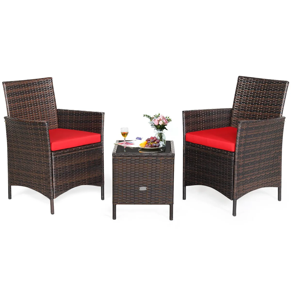 SlickBlue SlickBlue 3-Piece Patio Rattan Furniture Set Red Cushions Brown Rattan — product photo