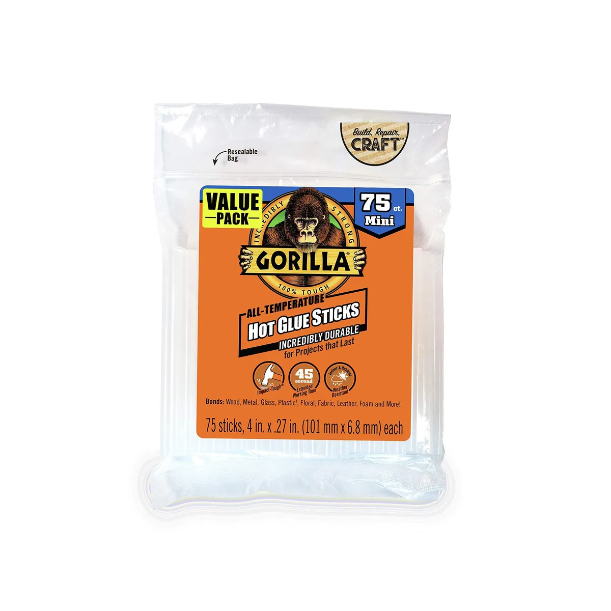  Gorilla 3027502 Hot Glue Sticks Clear Mini 4in 75 Count — product photo