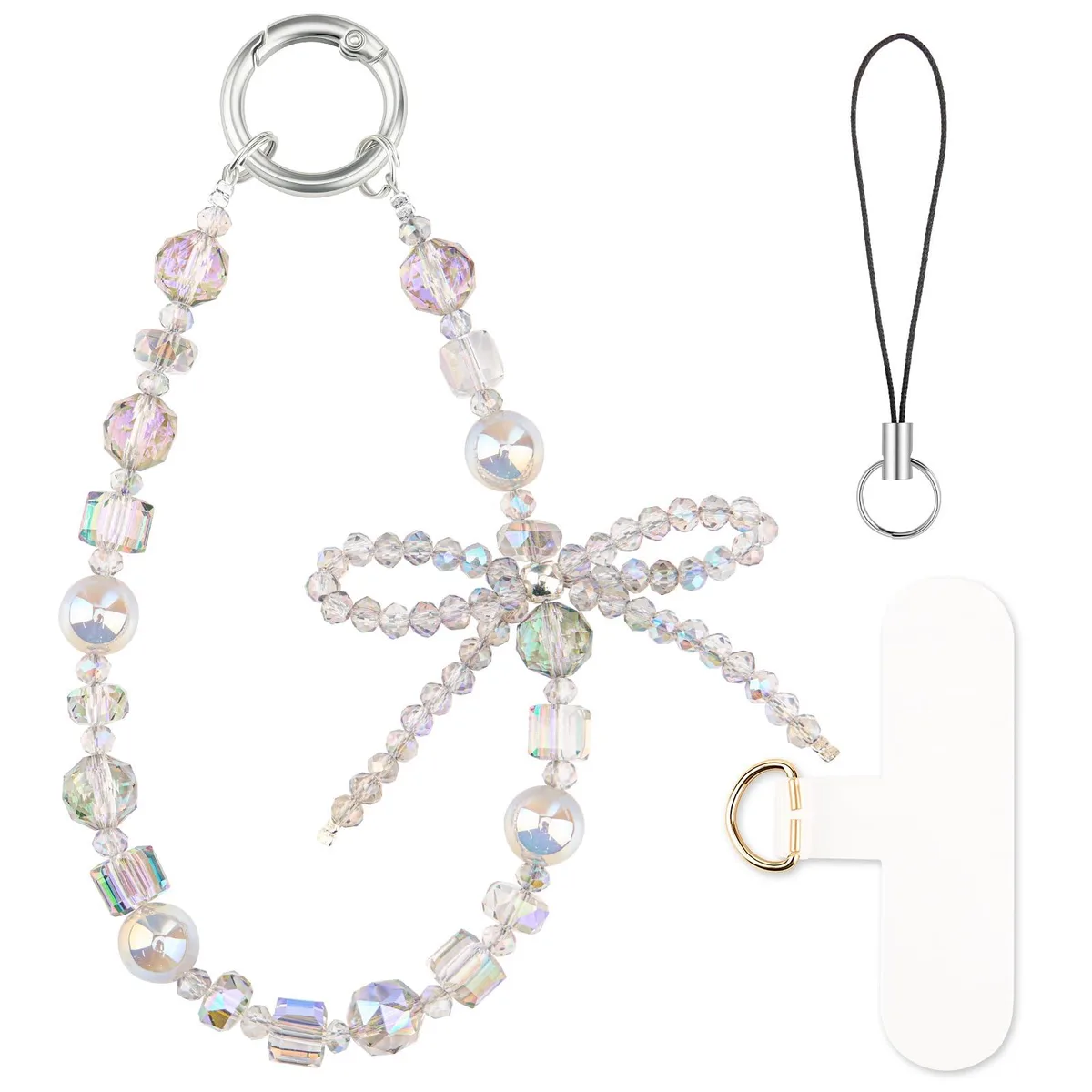 Crystal bow phone charm bracelet with faux pearls and lobster clasp