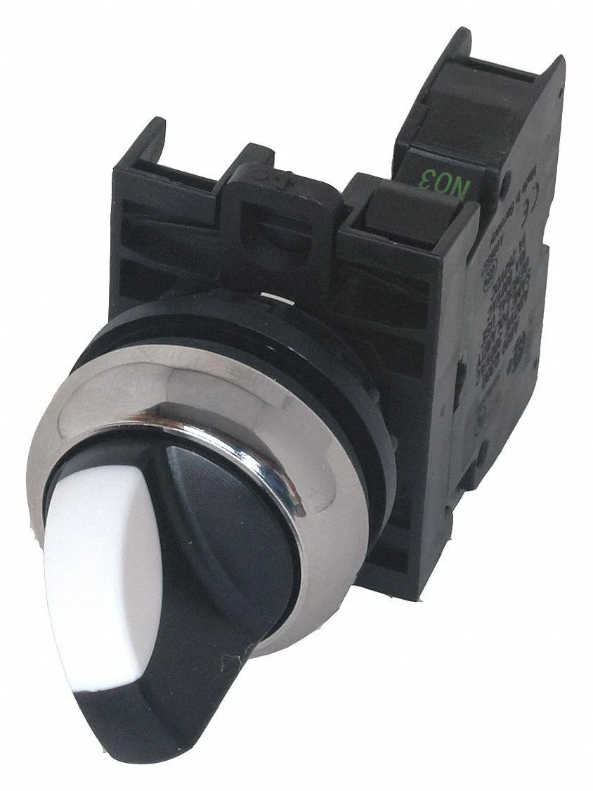 Black metal selector switch with chrome bezel, 22 mm knob, two maintained positions