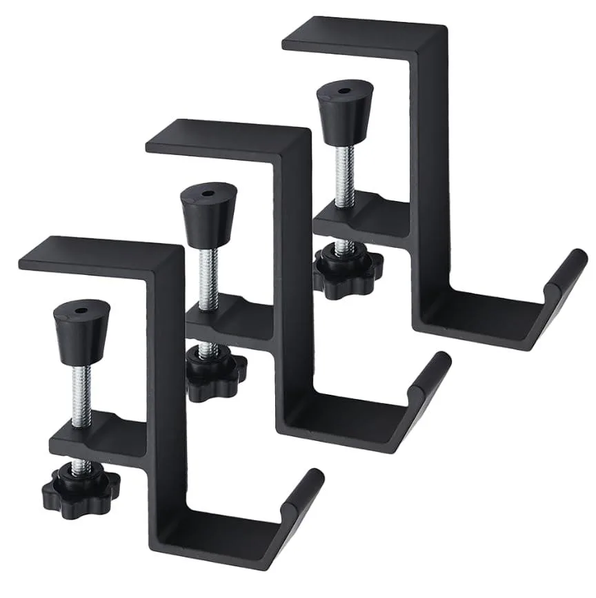 Three black metal desk hooks with clamp knobs and rubber pads