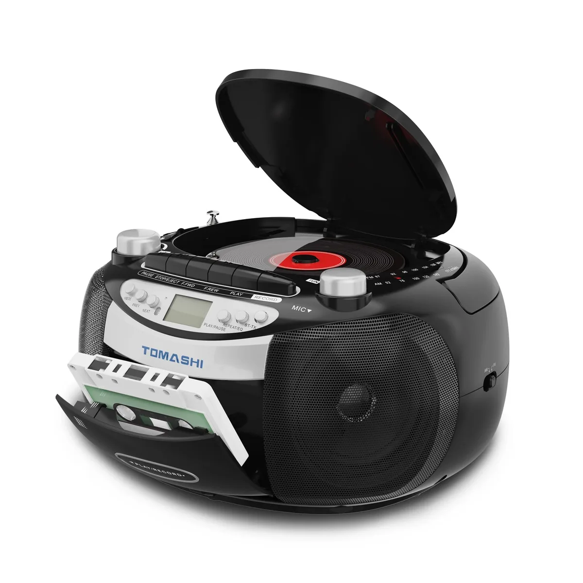 TOMASHI CD-108 Boombox CD Player Cassette Bluetooth 5.0 AM/FM Radio USB SD Remote Black — product photo
