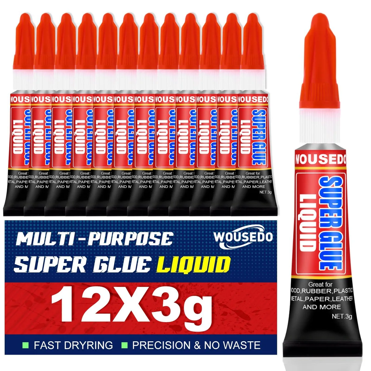 Twelve clear 3g super glue tubes in individual packaging