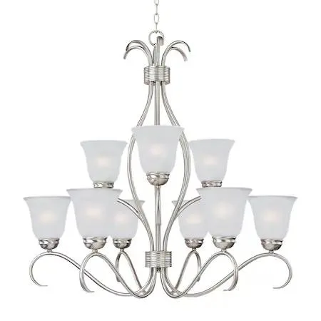 Nine-light chandelier with sweeping arms and ice glass shades in satin nickel finish