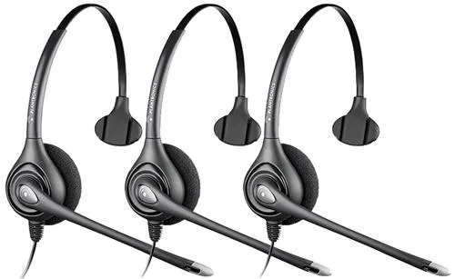 Three black monaural headsets with padded earpieces and over-the-head bands