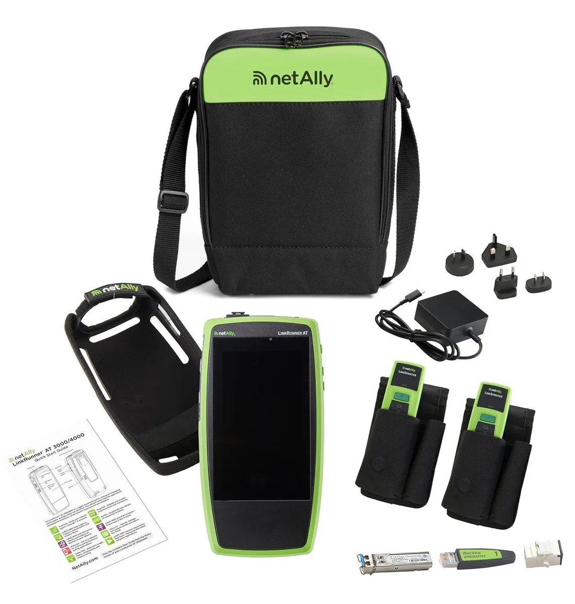 Handheld network tester with large touchscreen display in grey and yellow rugged casing