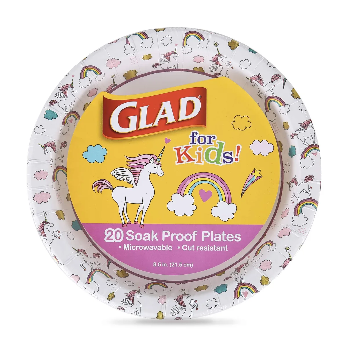 White rectangular plastic plates with multicolor unicorn rim design, 8.86 inches square, 20 count pack