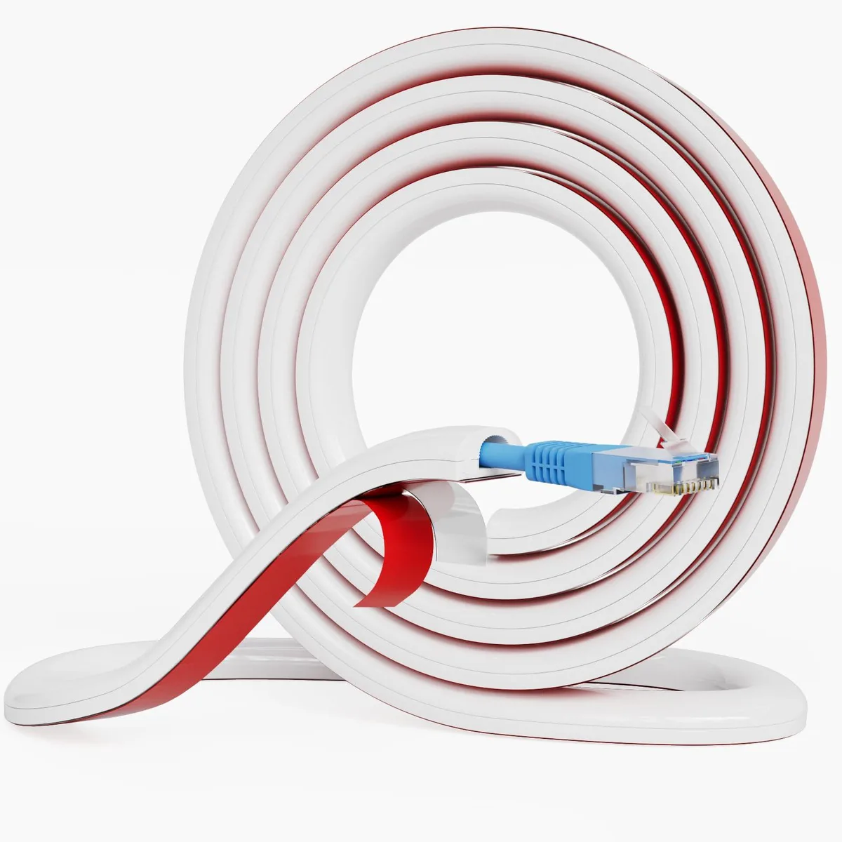 White flexible silicone cord cover, 39 inches long, half-round profile with side opening, self-adhesive backing