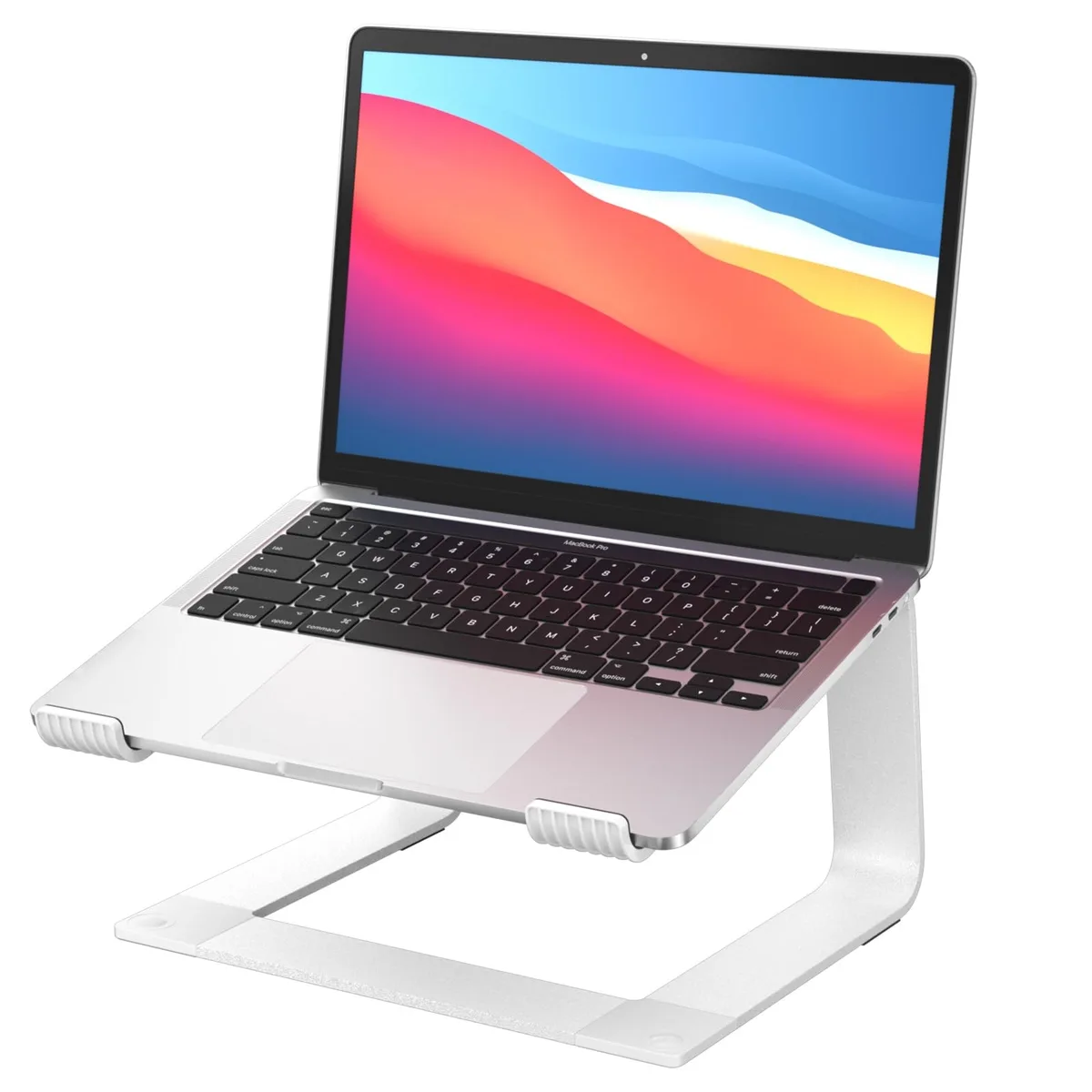 Silver aluminum laptop stand with open U-shaped frame, tabletop design