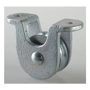 Steel open-deck pulley block, upright bolt-on mount, single groove for half-inch fibrous rope