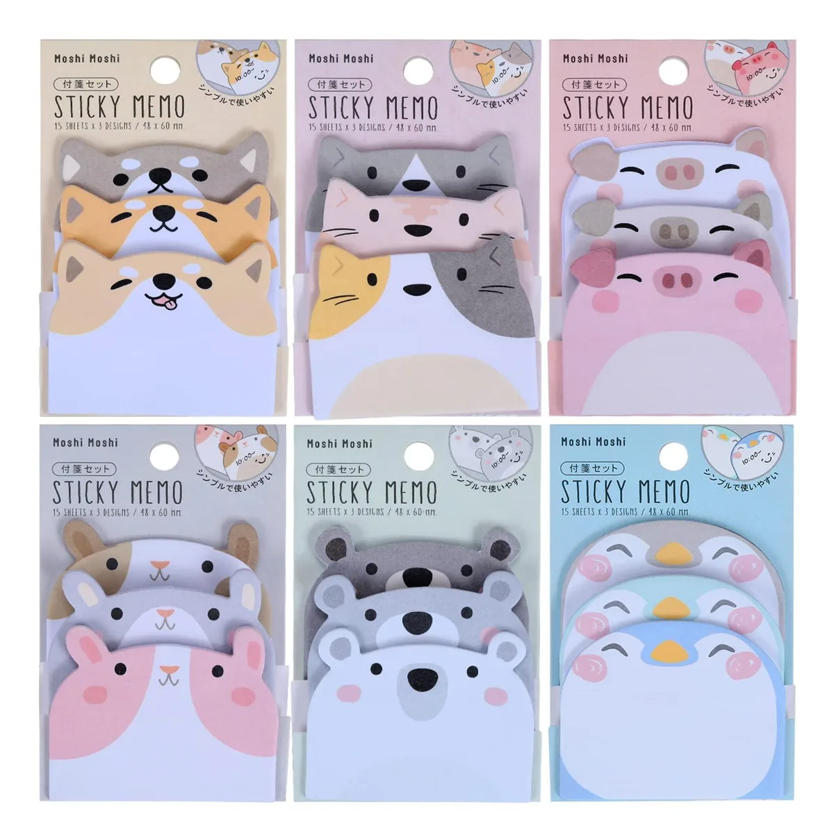 Six packs of small animal-shaped sticky notes in multiple colours