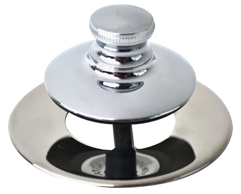 Chrome bathtub drain cover with center stopper and crosshair strainer pattern