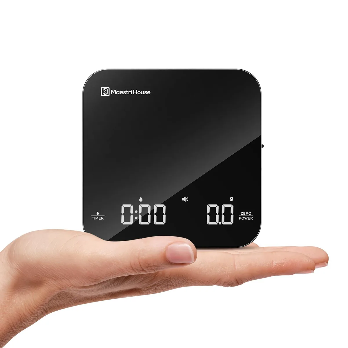 Square yellow plastic scale with rounded corners and dual LED display, 4.13 inches wide