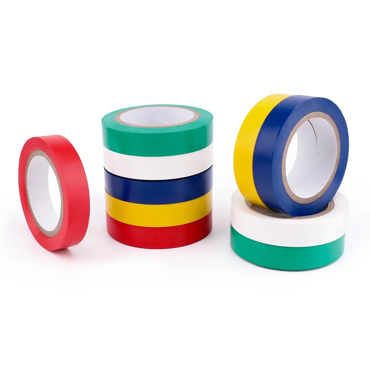 Ten rolls of half-inch multi-colour vinyl electrical tape in a compact pack