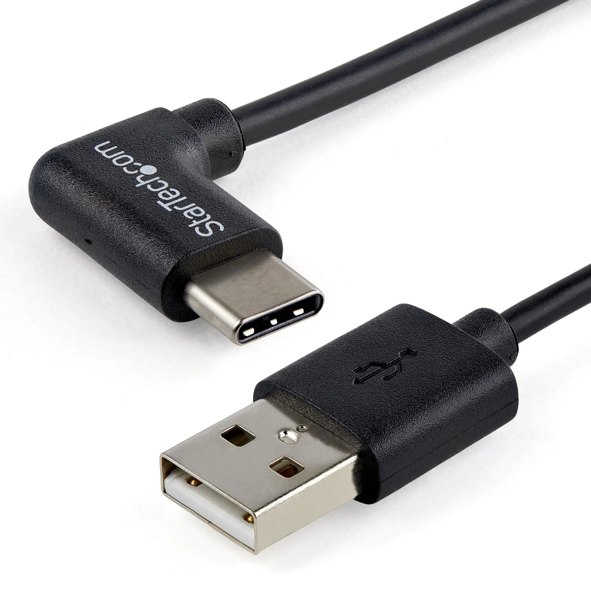 Black 90° USB-C to USB-A cable, right-angle connector, male-to-male, 24 pins