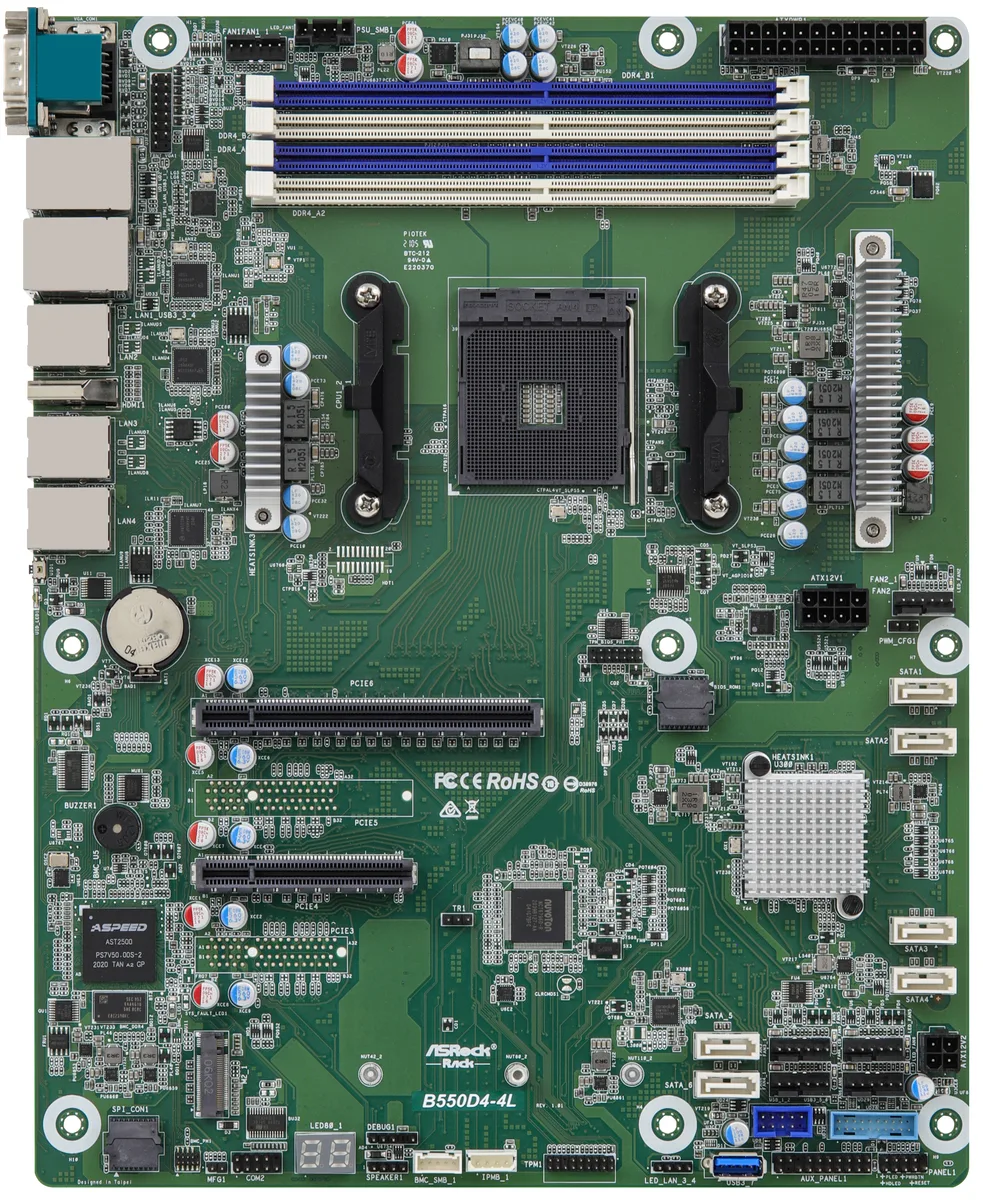 ASRock Rack ASRock Rack B550D4-4L server motherboard AM4 DDR4 3200 4×288-pin ATX 12.0×9.6″ — product photo