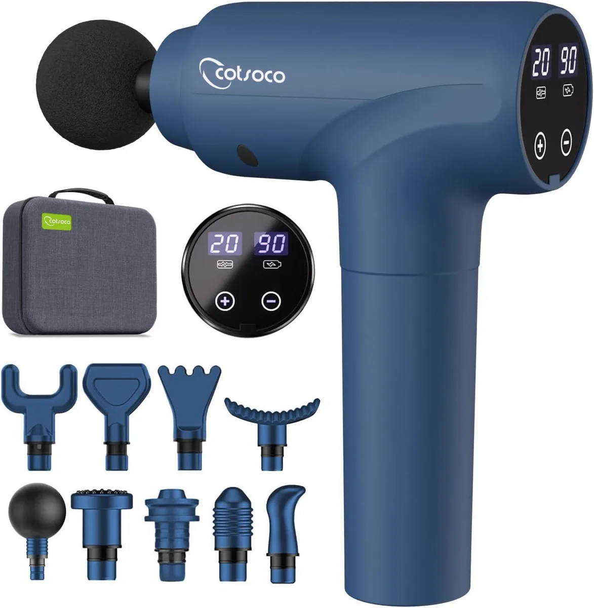 Dark blue handheld massage gun with textured grip