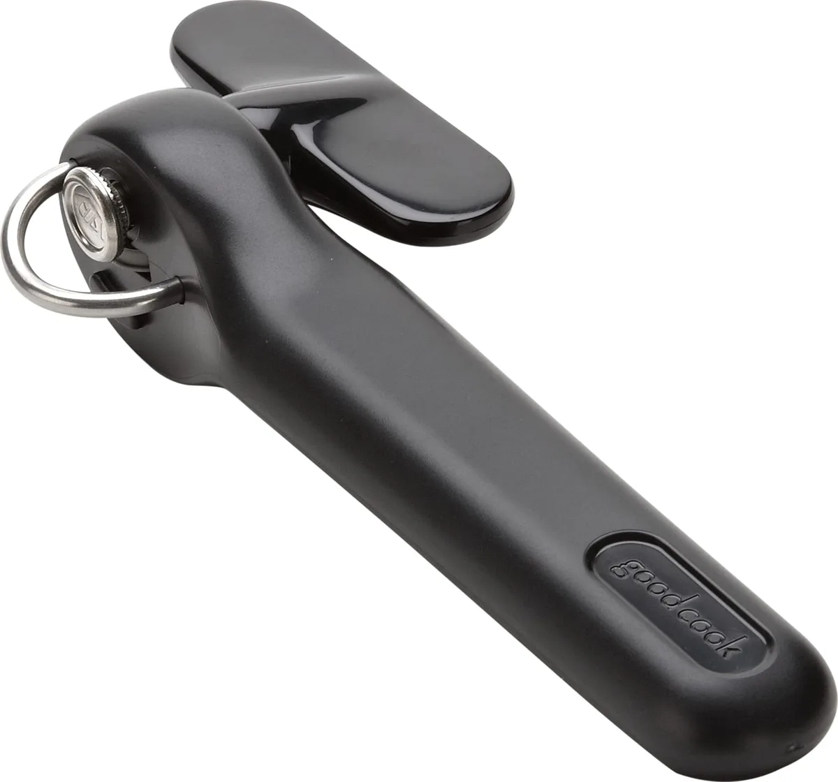Black manual can opener with ergonomic handles, chrome finish, smooth cutting wheel